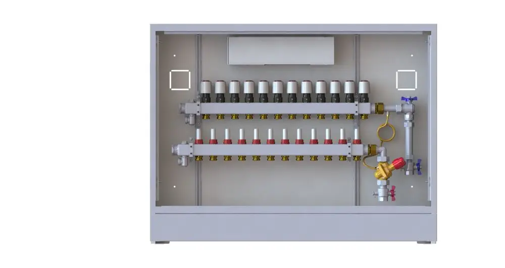 In einem grauen Gehäuse sind mehrere Heizkreisverteiler mit Ventilen und Anschlusskomponenten angeordnet. Das Produkt stammt von Danfoss und dient der Heizungssteuerung.